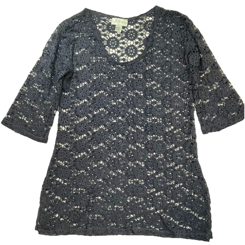 J Valdi Crochet Lace Swimsuit Coverup Tunic Sheer Navy Beach Vacation Resort-M